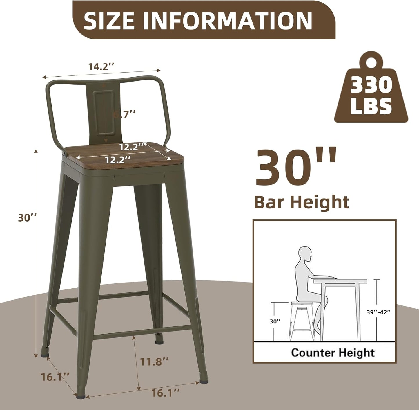 30 Inch Swivel Bar Stools Set of 4, Counter Height Bar Stools with Low Back, Metal Industrial Bar Chairs for Kitchen Island (Rusty)