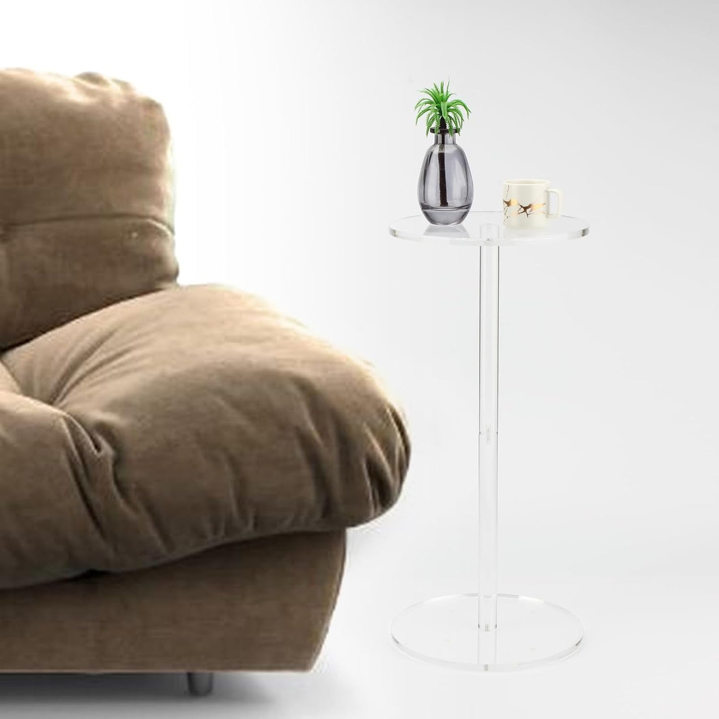 Acrylic Drink End Table, Clear Drink Table for Small Spaces with Anti-Slip Pads, 9.8" Round Modern Side Coffee Table for Living Room/Bedroom/Bathroom/Office/Outdoor/Business (Acrylic, Clear)