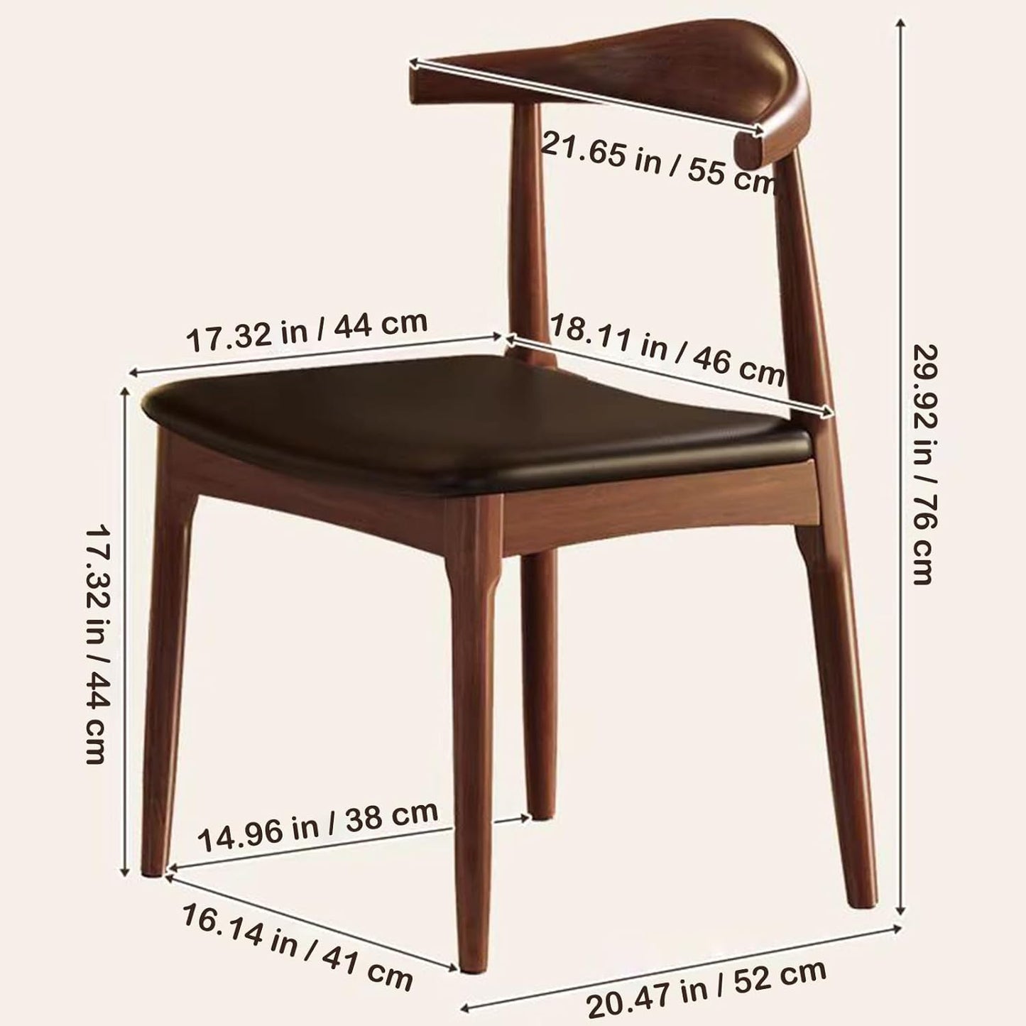 Solid Wood Dining Chair, Mid Century Dining Chair, Upholstered PU Leather Chair with Wide Curved Backrest, Chair for Dining Room, Kitchen, Walnut Finish