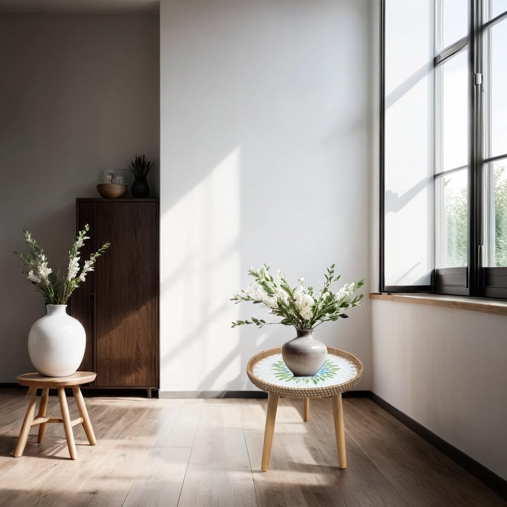 Rattan Round Side Table, Mother of Pearl Inlay Table,Round End/Side Tables for Living Room, Bedrooms, Pedestal Plant Stand for Balcony (Green)