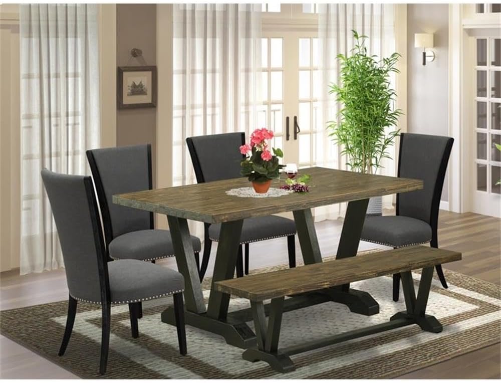 East West Furniture V676VE650-6 6 Piece Kitchen Table Set Contains a Rectangle Dining Table with V-Legs and 4 Dark Gotham Linen Fabric Parson Chairs with a Bench, 36x60 Inch, Multi-Color