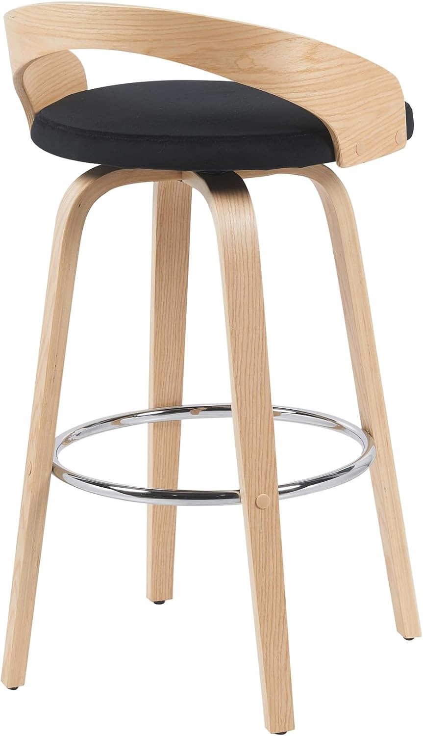 Sonia Modern Swivel Bar Height Stool with Black Upholstered Seat and Patterned Oak Wood Finish Set of 2