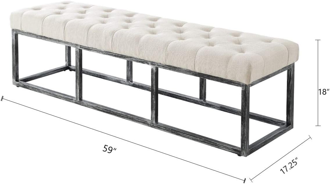 24KF Upholstered Tufted Long Bench Seats with Metal Frame Leg, Linen Bench Ottoman with Padded Seat-Ivory