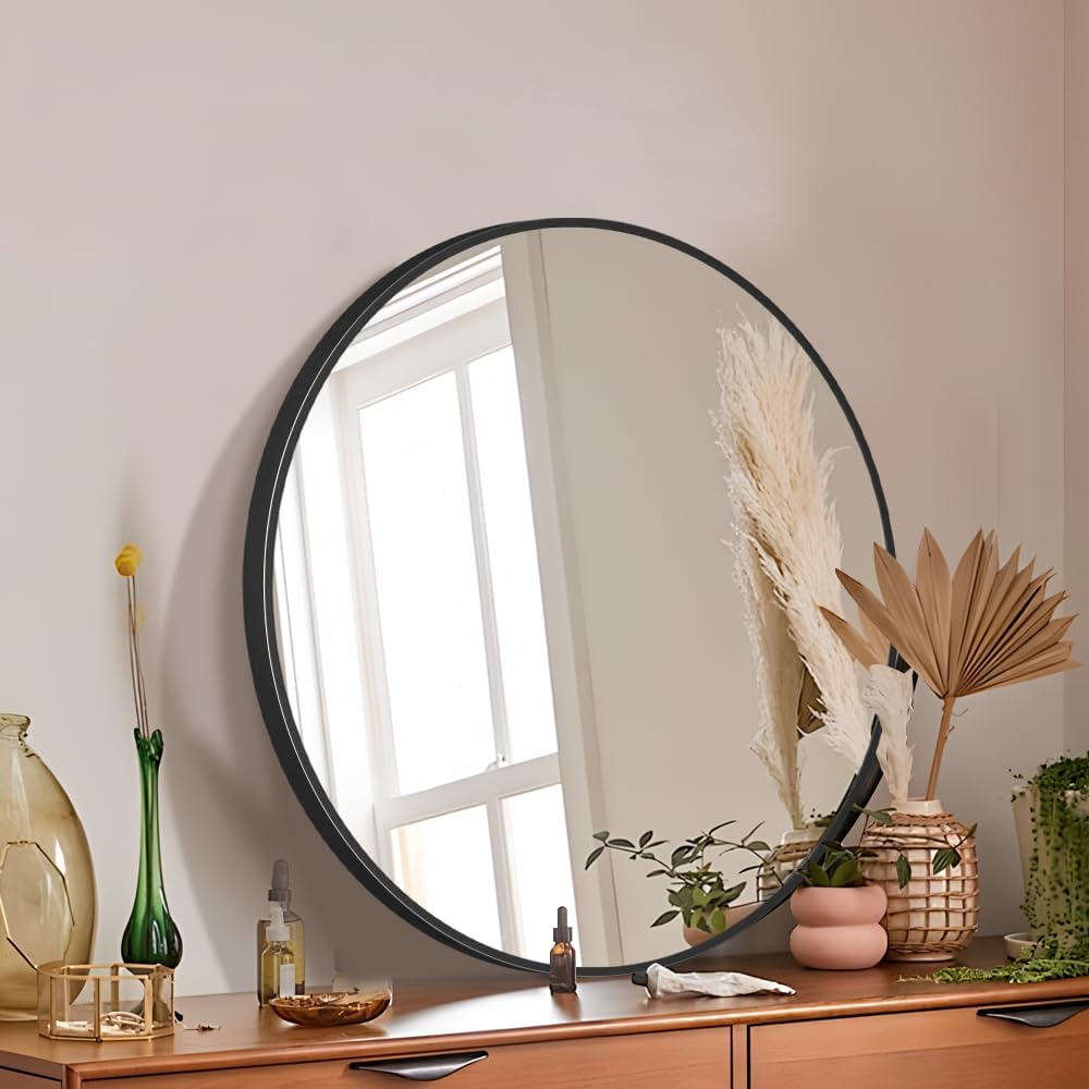26inch Bathroom Round Mirror,Wall Mounted Vanity Mirror,Steel Frame,Black,Steel Frame