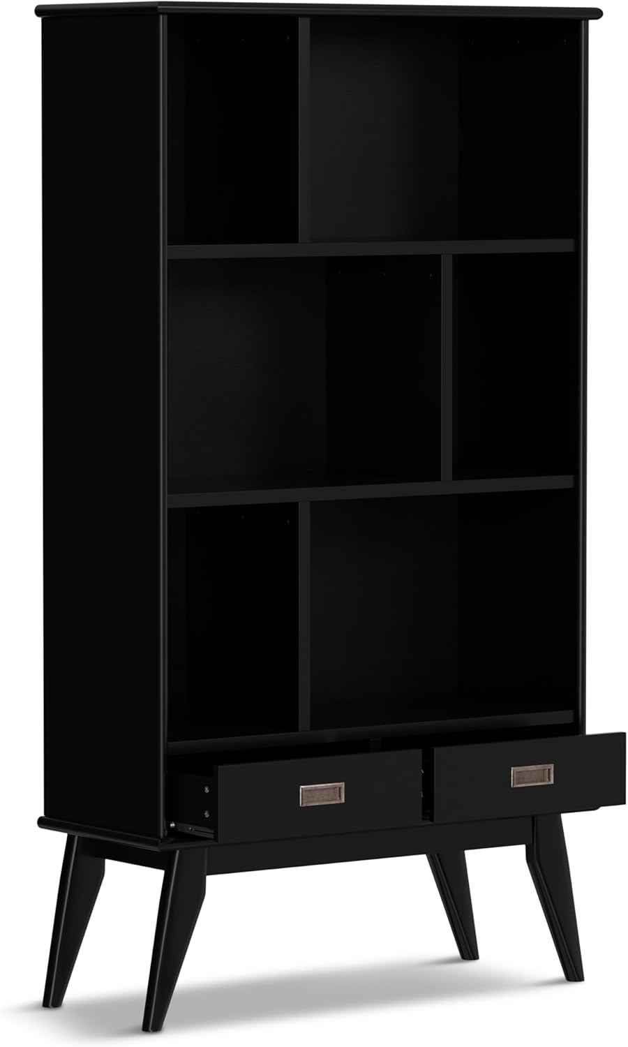 SIMPLIHOME Draper Bookcase - 64 inch Tall Solid Hardwood Wide Storage Bookshelf in Black, Mid-Century Modern Storage for Living Room, Study Room or Office with Adjustable Shelves and Tapered Legs