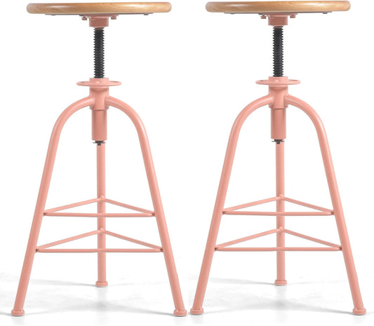 Set of 2 Modern Bar Stools-24.4-28.3 Counter Height Adjustable Patio Stool-Industrial Dining Stool for Home Kitchen-Retro Cafe Chairs with Swivel Wooden Seat