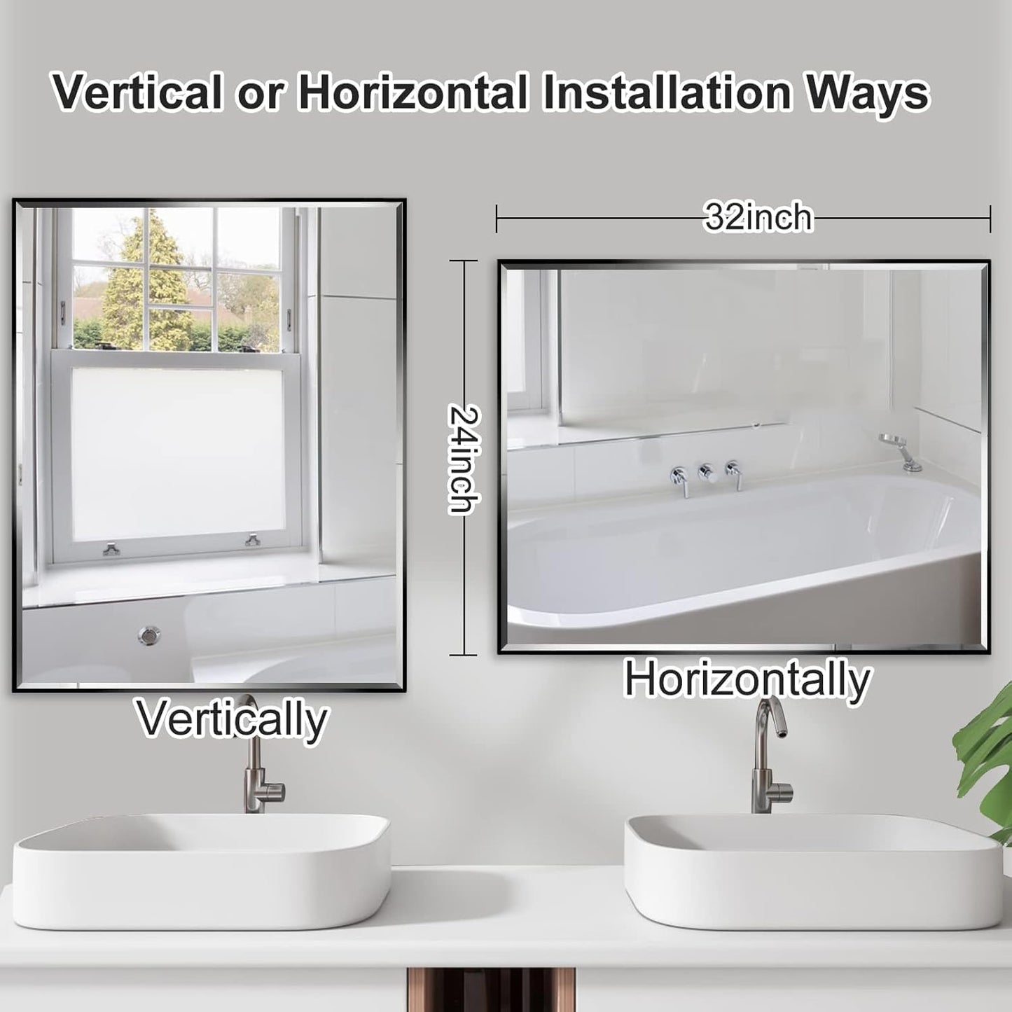 24x32 Inch Black Mirror with Beveled Trim, Aluminum Frame Bathroom Vanity Mirror, Modern Rectangular Wall Mounted Mirror