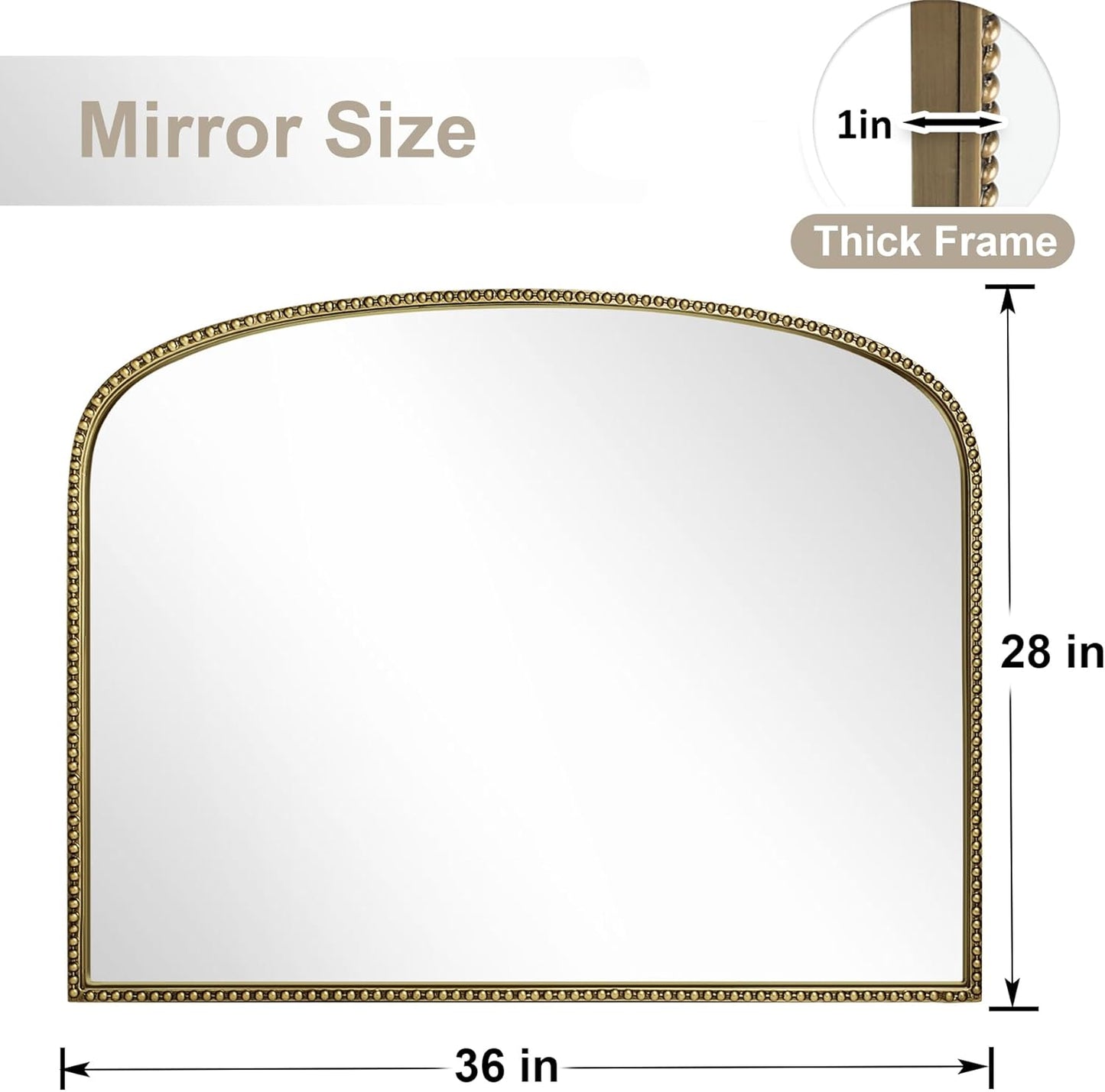 36"X28" Arched Mirror,Metal Beaded Frame Mirror for Wall,Ornate High-Definition Mirrors,Fit for Fireplace, Living Room,Hallway,Bathroom,Antique Gold