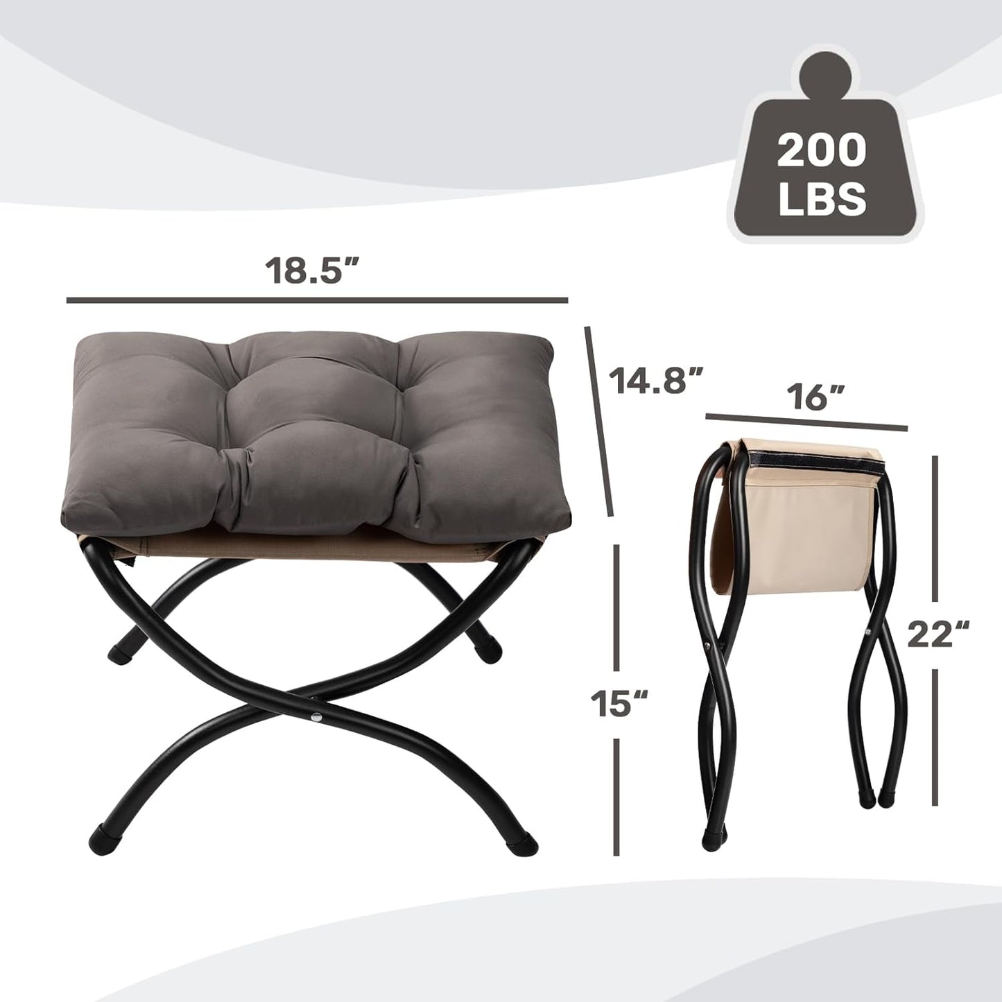 HollyHOME 15"(H) Folding Footrest Stool, Upholstered Small Foldable Ottoman, Accent Padded Sofa Foot Stool for Lazy Chair, Metal Frame Portable Foot Rest Ottoman for Living Room, Bedroom, Dark Grey