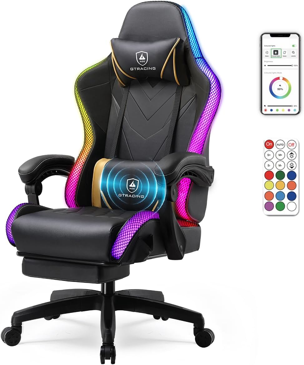 GTPLAYER Gaming Chair, RGB Gaming Chairs with LED Lights, Video Gaming Chair for Adults, Ergonomic Computer Gaming Chair with Linkage Armrest, Reclining Chair with Headrest (with Massage, Black)