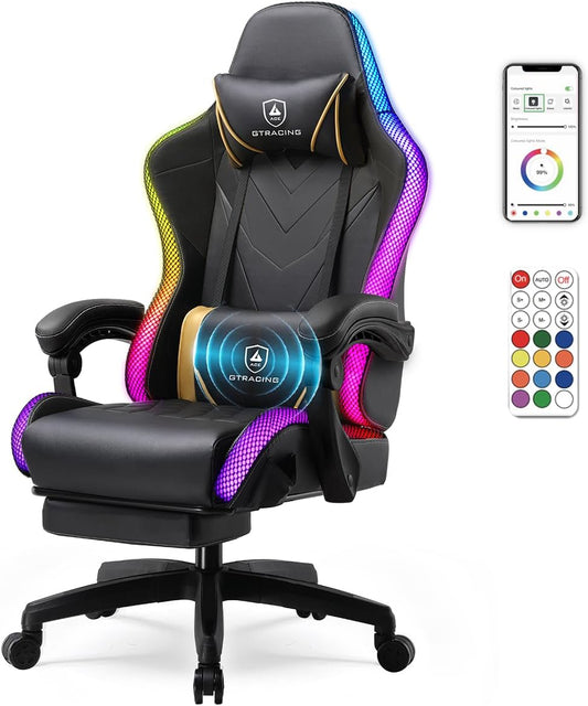 GTPLAYER Gaming Chair, RGB Gaming Chairs with LED Lights, Video Gaming Chair for Adults, Ergonomic Computer Gaming Chair with Linkage Armrest, Reclining Chair with Headrest (with Massage, Black)