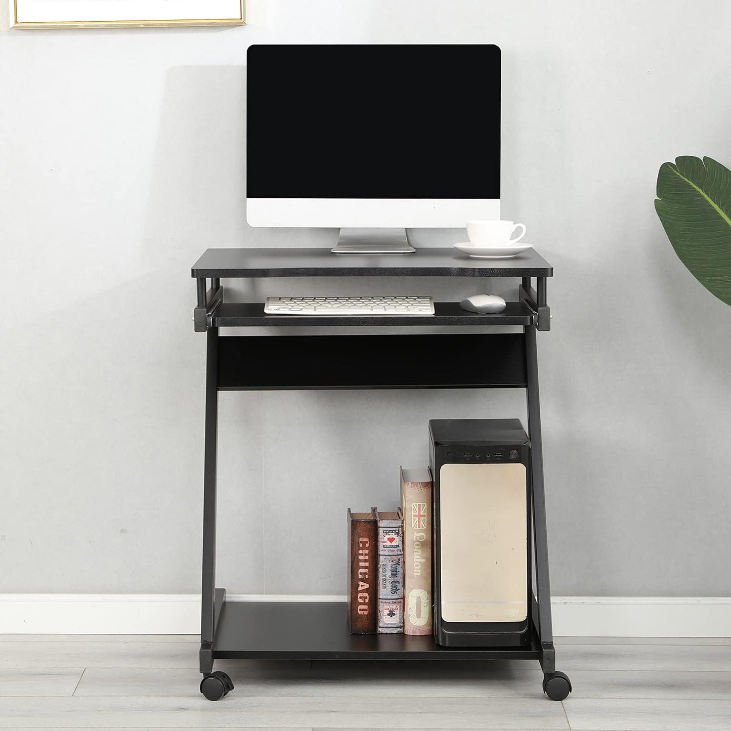 soges Small Rolling Computer Desk, Z Shape Laptop Desk Cart on Wheels, Mobile Computer Workstation for Home and Office with Keyboard Tray, Black