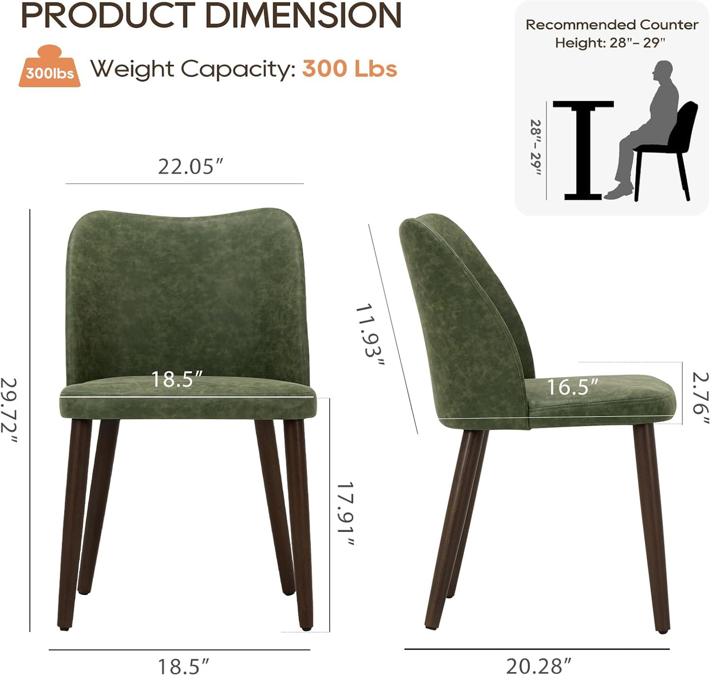 COLAMY Upholstered Dining Chairs Set of 2, Modern PU Leather Dining Room Kitchen Side Chair with Padded Seat and Wood Legs Restaurant/Cafe, Green