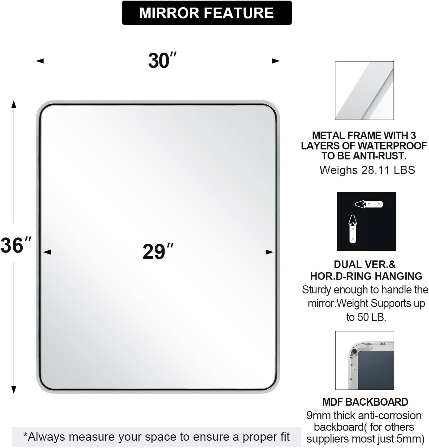 ANDY STAR Chrome Bathroom Mirror, 30x36’’ Rounded Rectangle Mirror Polished Silver Bathroom Vanity Mirror Metal Framed, SUS304-Anti-Rust, Tube Frame, Wall-Mounted Horizontal/Vertical 1’’ Deep