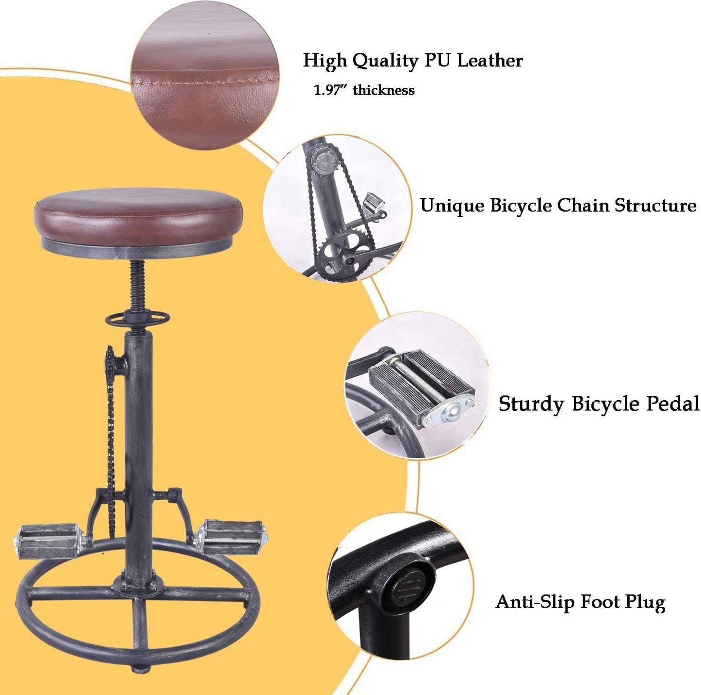 Topower Vintage DIY Bar Stool Bicycle Chain Iron Pedal Retro Industrial Height Adjustable Bicycle Wheel Design bar Chair Set of 2 Silver