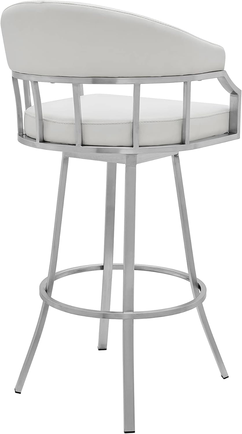 Armen Living Valerie Modern 26" Seat Height White Faux Leather and Brushed Stainless Steel Metal Swivel Bar Stool for Kitchen Island Counter