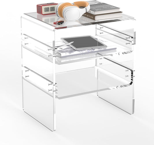 Acrylic 2-Tier Side Table with Storage Mini Modern End Table/Nightstand with Double Shelves for Bedroom, Living Room, and Bathroom Easy Assembly Clear