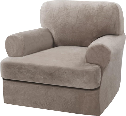 H.VERSAILTEX Sofa Cover 2 Piece Armchair Slipcovers Thick Velvet Couch Cover Furniture Protector Stretch Sofa Covers for 1 Cushion Couch with 1 Individual T Cushion Covers Washable, Taupe