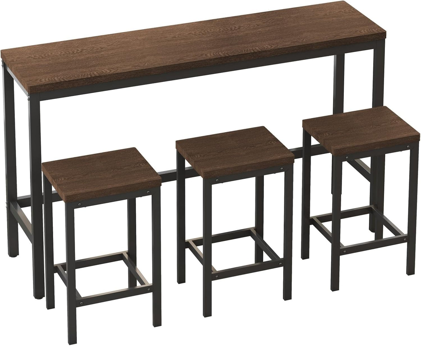 KEIKI 60.24” Long Bar High Top Dining Table and 3 Stools Chairs Set, Wood Behind Couch Sofa Counter Height Pub Furniture for Breakfast, Kitchen Living Party Room, Dark Brown