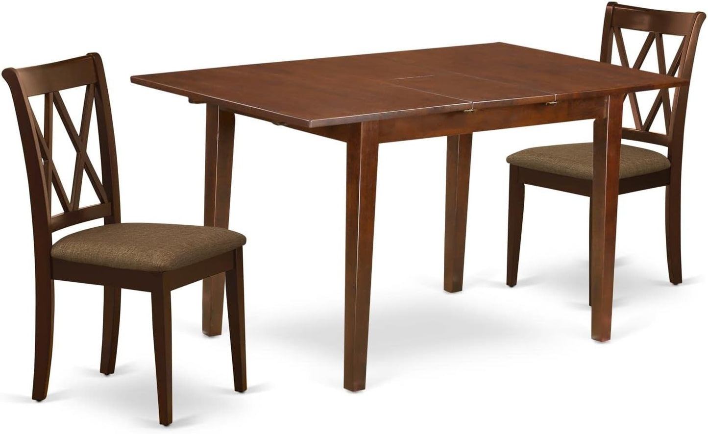 East West Furniture PSCL3-MAH-C 3 Piece Modern Dining Table Set Contains a Rectangle Wooden Table with Butterfly Leaf and 2 Linen Fabric Upholstered Chairs, 32x60 Inch, Mahogany