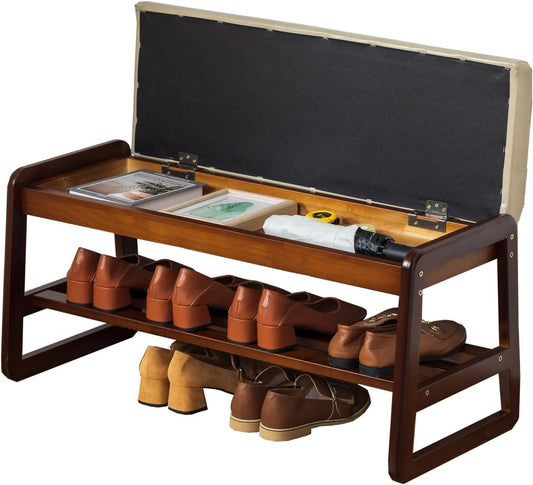 latifolia Solid Wood Bench, Entryway Shoe Bench with Cushion, Flip-Open Storage Compartment, 2-Tier Shoe Organizer(Grey,31.50''L)