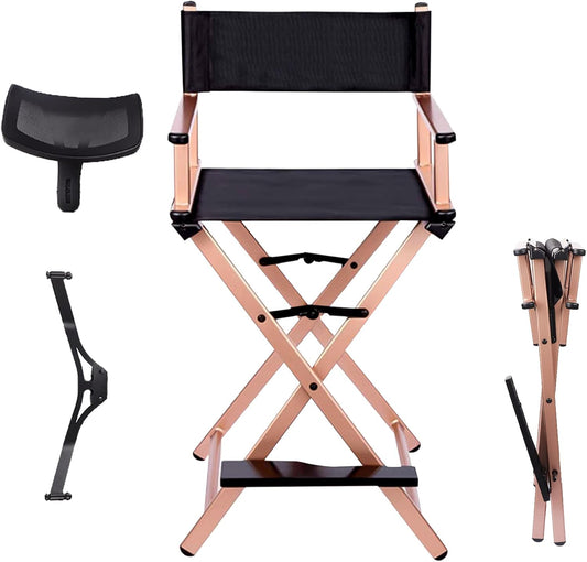 Lorvain Folable Makeup Artist Stool Chair, Protable Tall Folding Directors Chair, Aluminum Makeup Chair with Head Rest for Studio Salon Vanity, Bar Height - Gold Chair