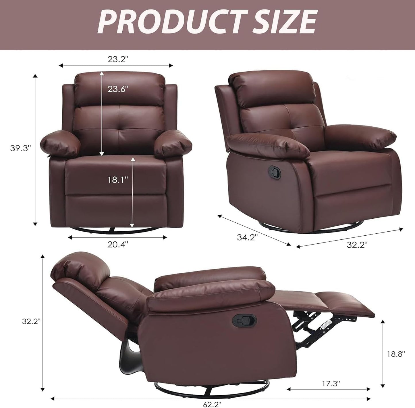 Swivel Rocker Recliner, 360 Swivel Small Recliners with 30 Degree, 90-150 Degree Angle, Faux Leather Lift Chair for Home Theater Seating, Adults, Living Room, Bedroom, Brown