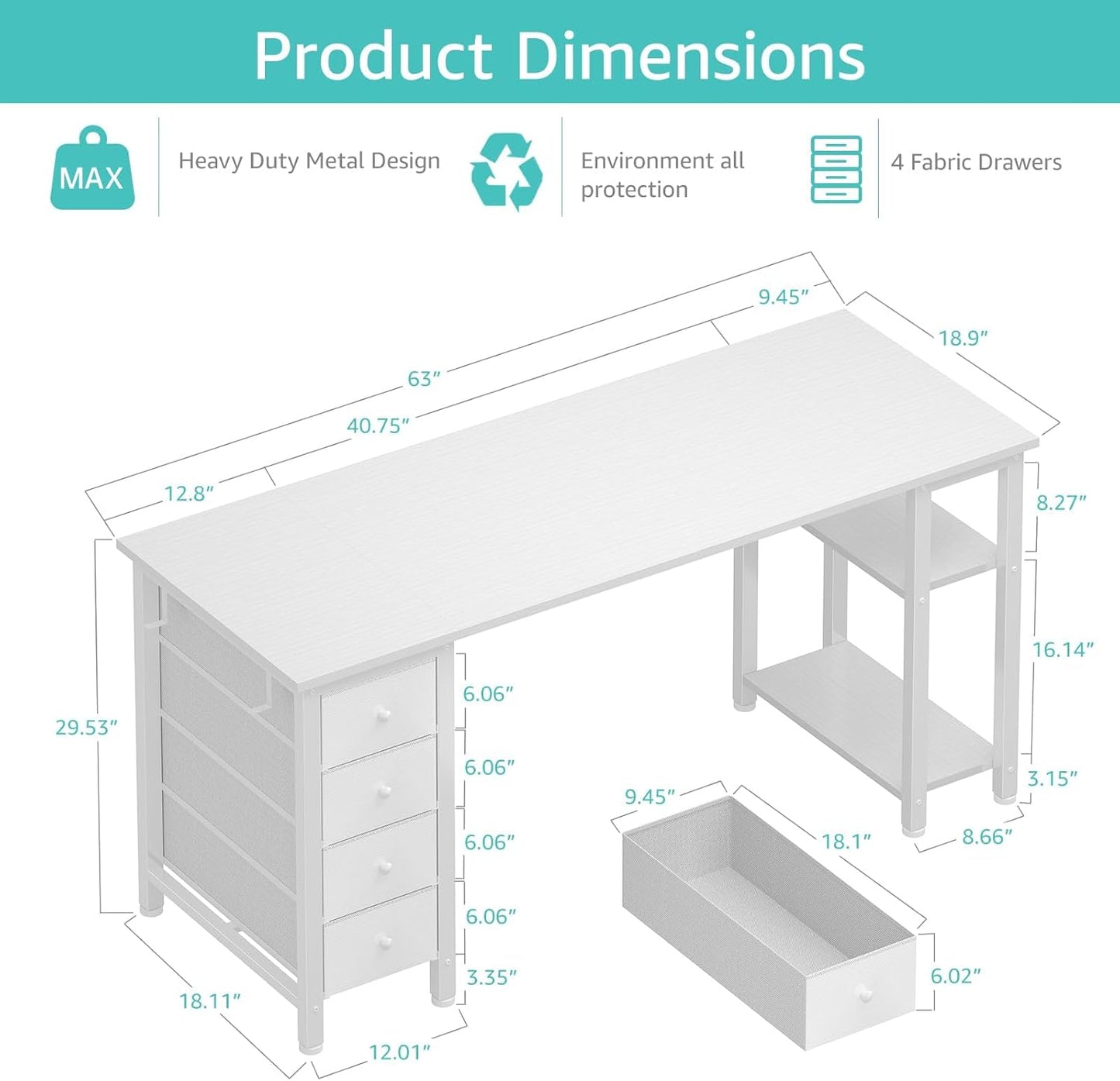 Lufeiya White Computer Desk with Fabric Drawers & Storage Shelves, 63 Inch Study Work Writing Desk for Home Office Bedroom, Simple Modern Cute PC Desks Table, White