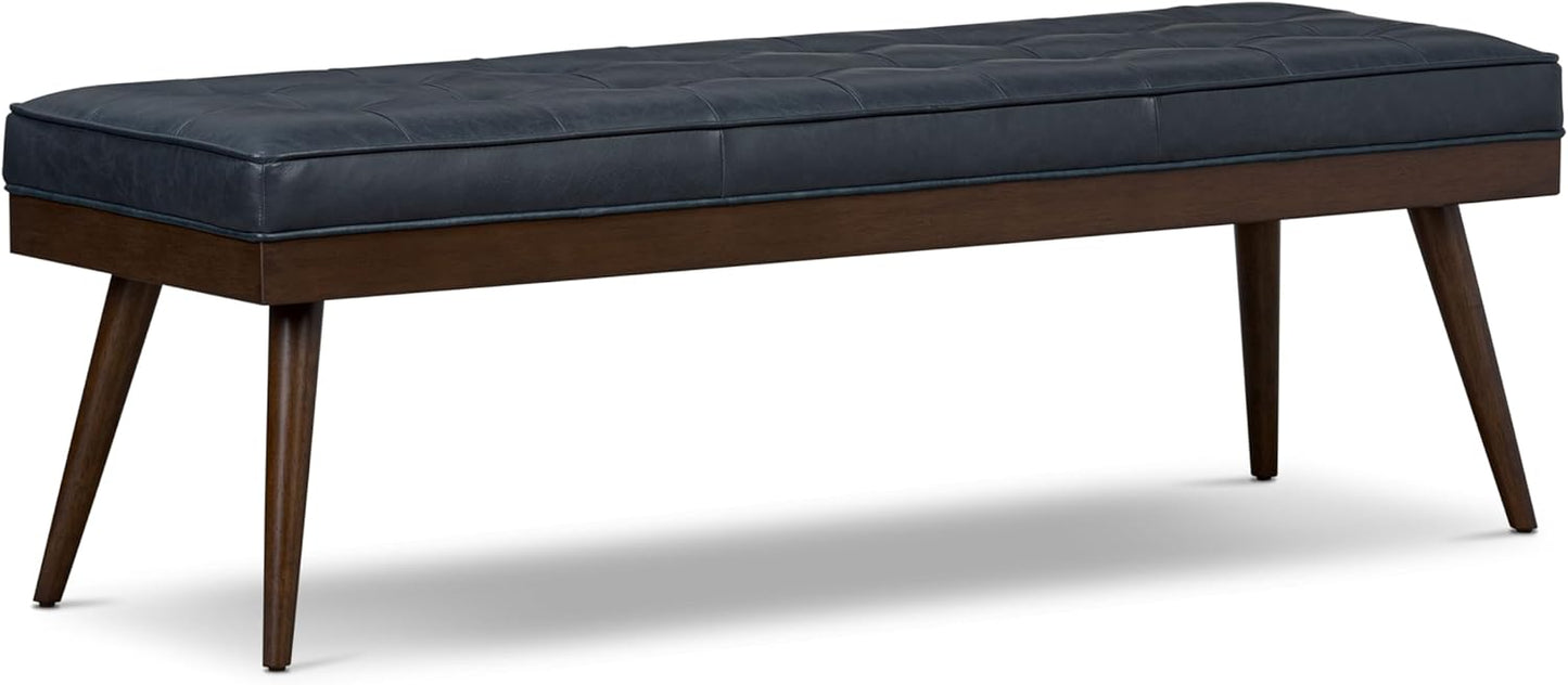 POLY & BARK 55" Tufted Leather Bed Bench for Bedroom End of Bed - Living Room Entry Way Bench - Pure Italian Leather Upholstery with a Solid Wood Frame - Ottoman Bench with Wooden Legs - Deepsky Blue