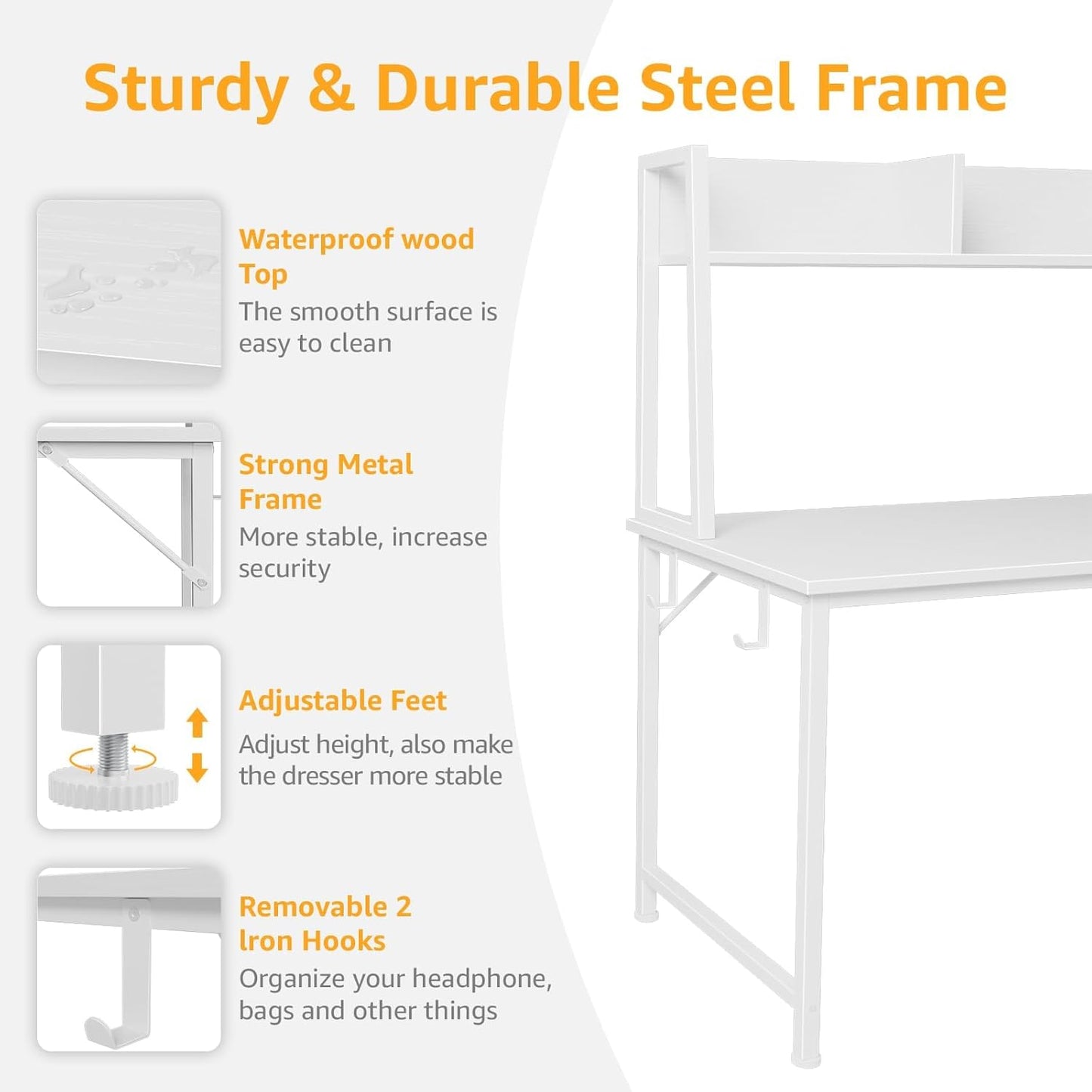 White Computer Desk with Hutch & Drawers - Office Desk with 3 Storage Drawers and Power Outlets, 47 Inch Modern Study Writing Desk for Bedroom Home Office