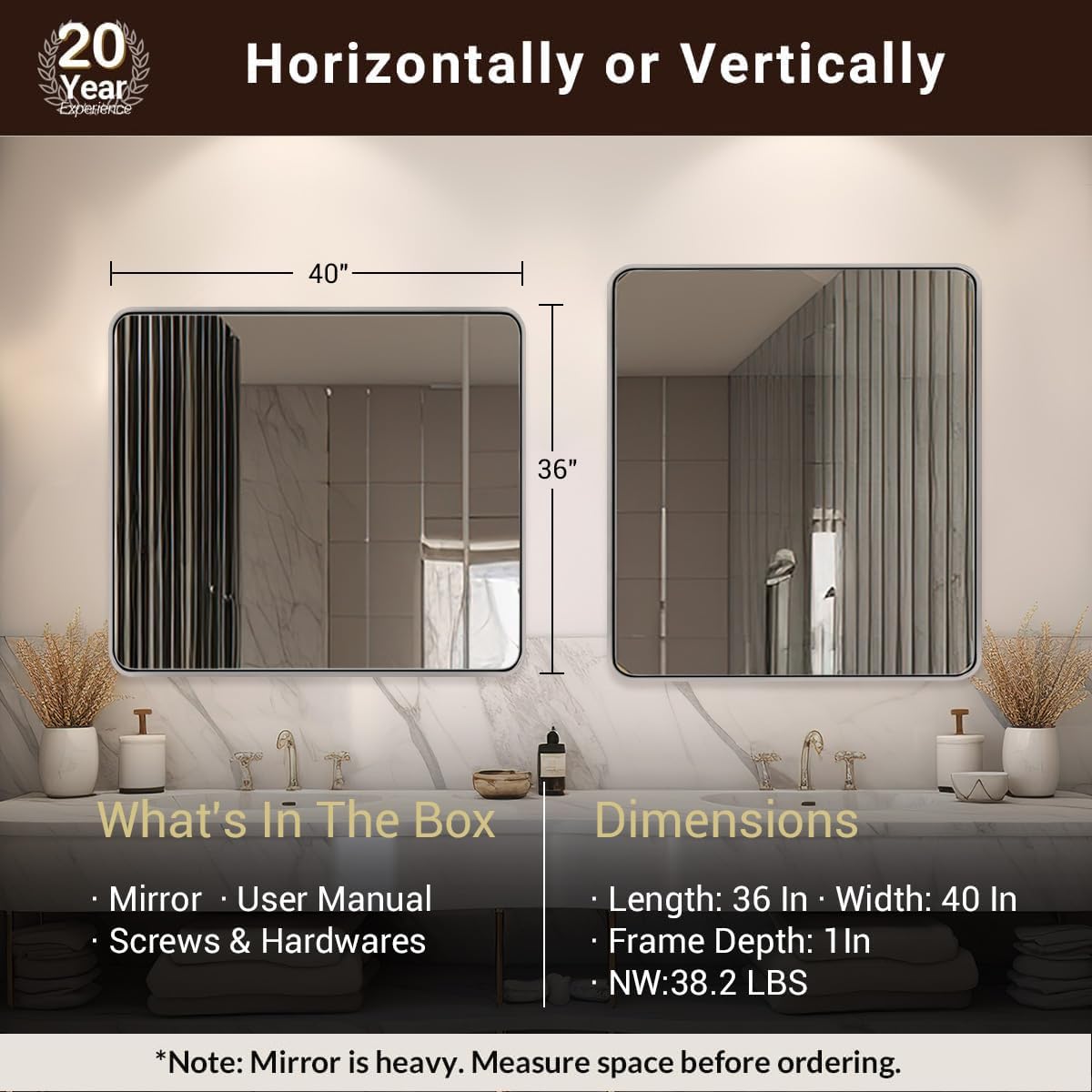 ANDY STAR 40x36 Inch Chrome Bathroom Mirror, Chrome Vanity Mirror for Wall, Rounded Rectangle Mirror, Anti-Rust SUS304, Seamless Tube Metal Frame, 1’’ Deep Wall Mounted Vertically/Horizontal