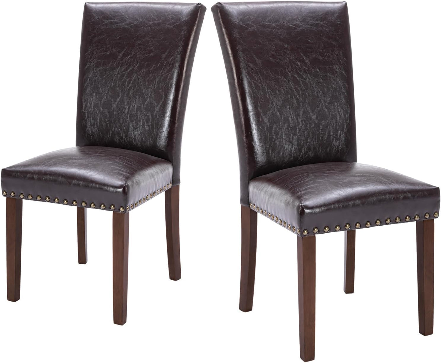 COLAMY Upholstered Parsons Dining Chairs Set of 2, PU Leather Dining Room Kitchen Side Chair with Nailhead Trim and Wood Legs - Dark Brown