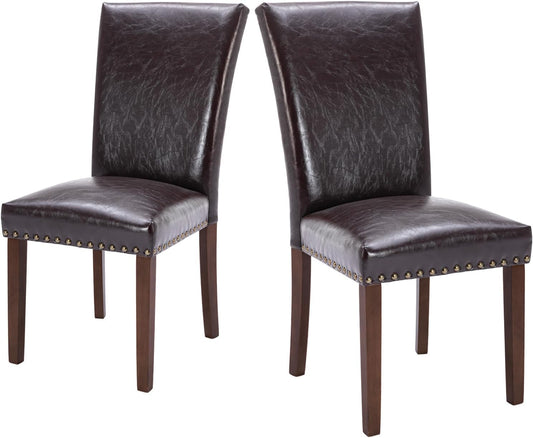 COLAMY Upholstered Parsons Dining Chairs Set of 2, PU Leather Dining Room Kitchen Side Chair with Nailhead Trim and Wood Legs - Dark Brown