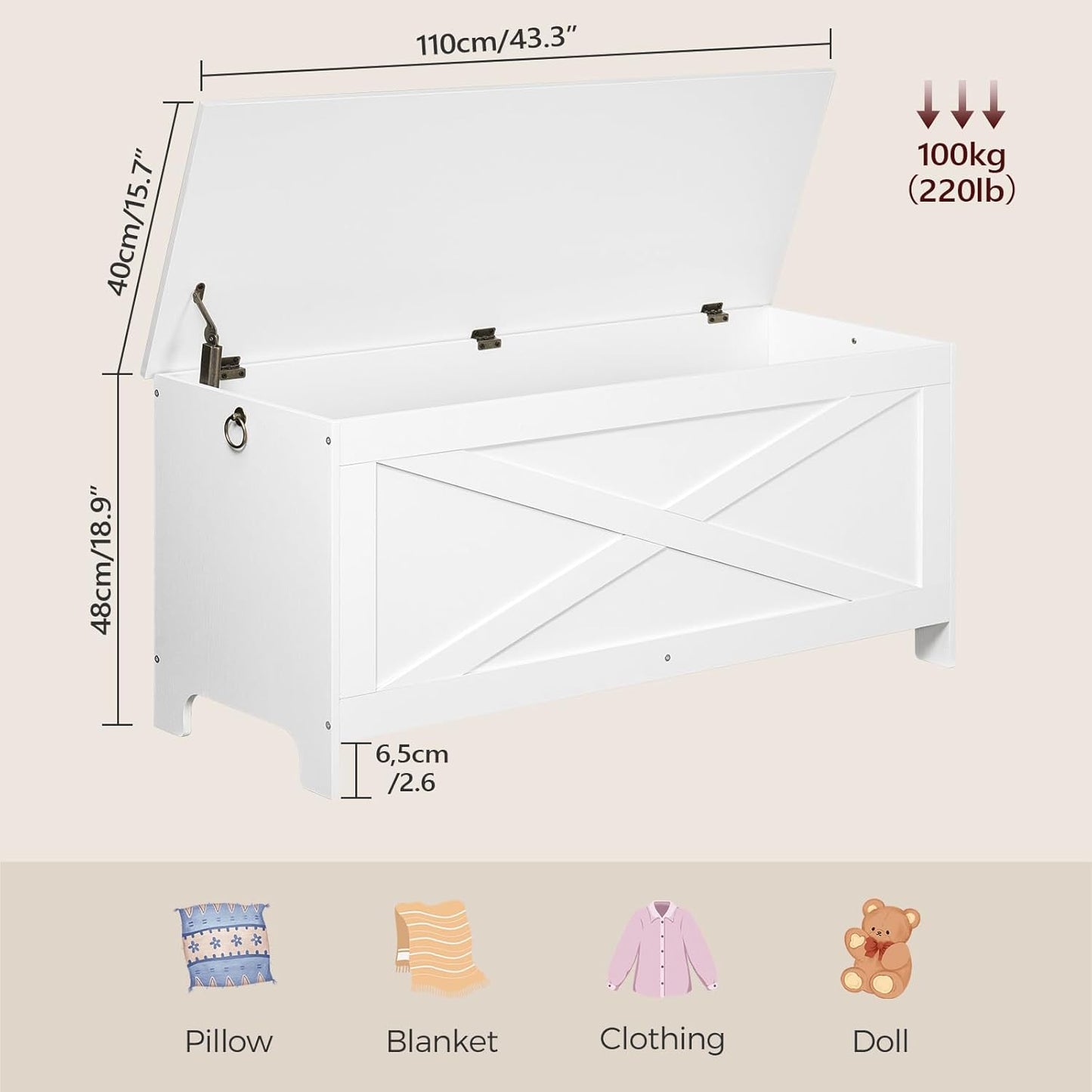 43.3" Toy Chest, Sturdy Entryway Storage Chest with Safety Hinges, Retro Toy Box, Wooden Look Accent Furniture for Living Room, Bedroom, White SCWT48501