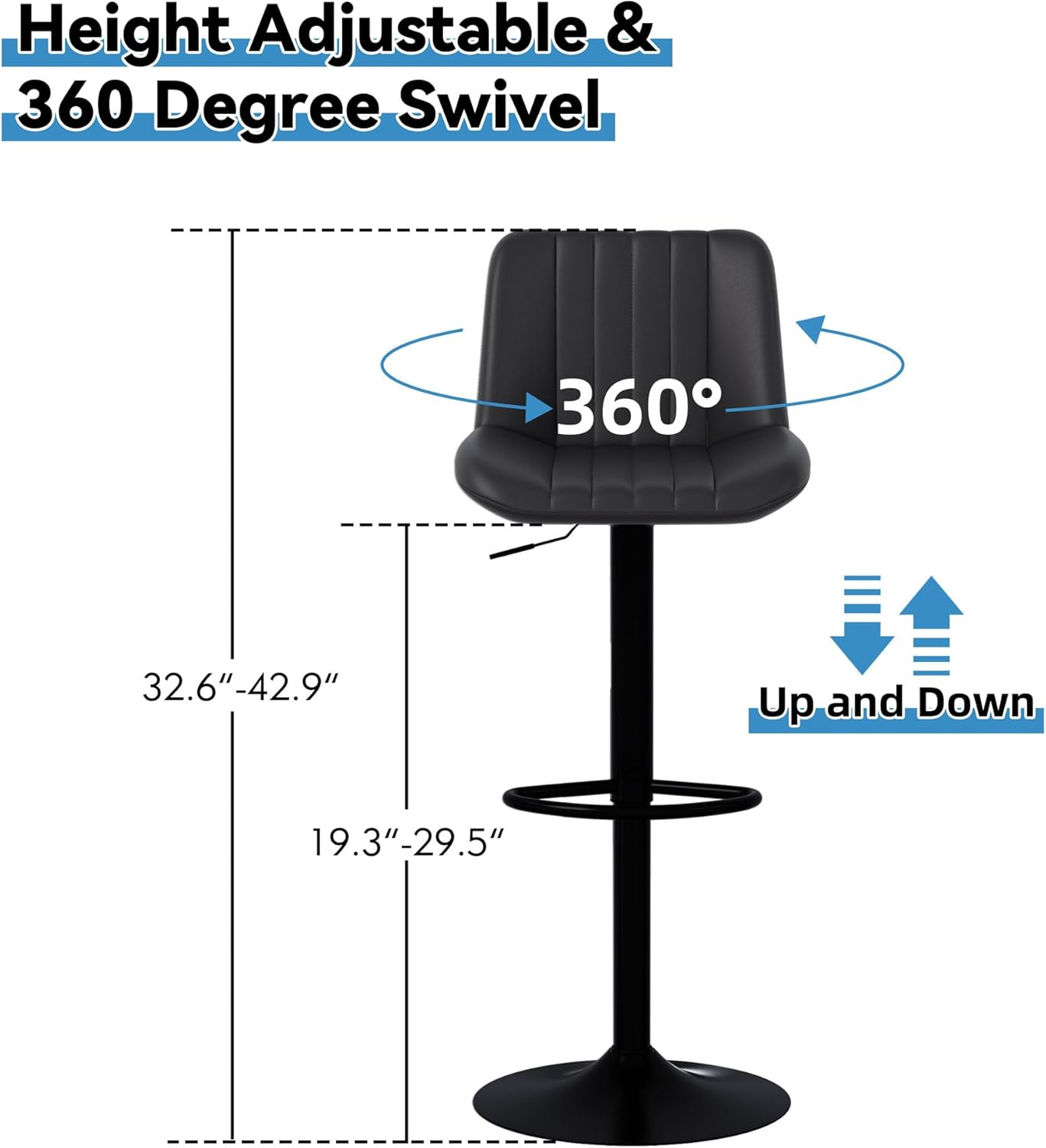 Shintenchi Swivel Bar Stools Set of 4, Adjustable Faux Leather Upholstered Swivel Counter Stools, Armless Bar Height Island Chairs with Back and Footrest, Black