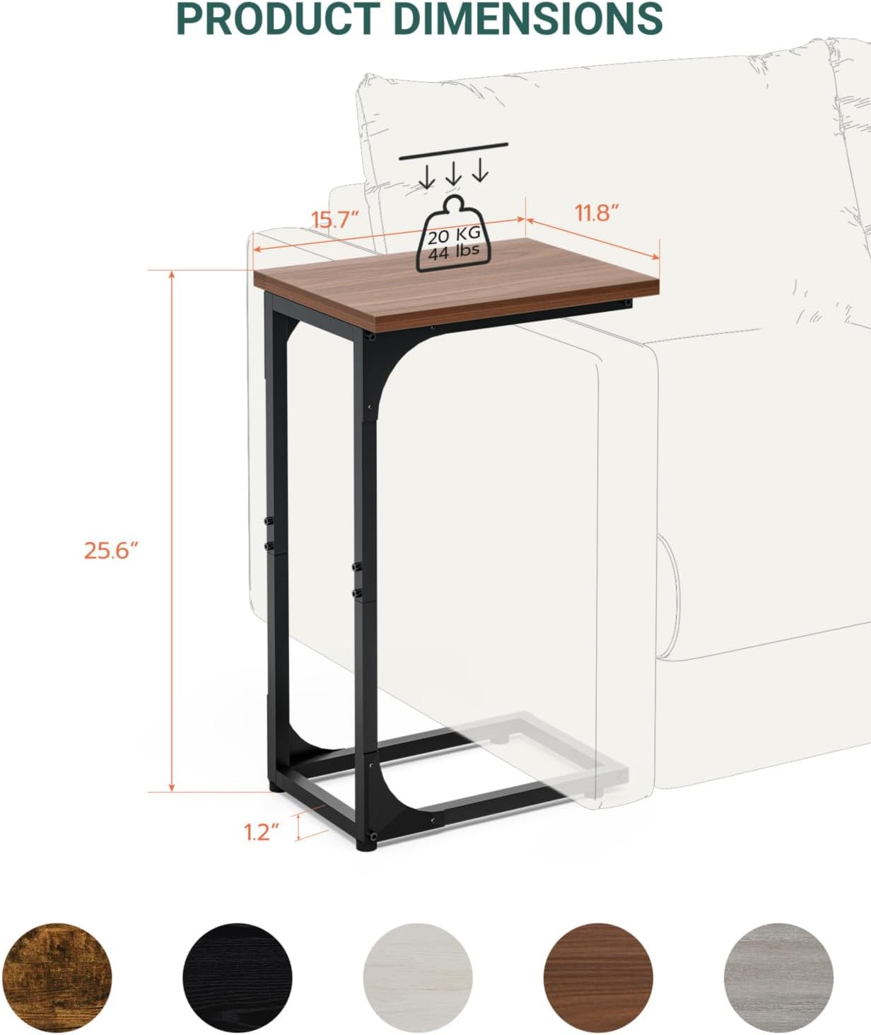 C-Shaped Side Table for Couch - Small Coffee Stand Sofa Tray Desk with Metal Frame and Waterproof Scratch Resistant, Modern End Accent for Living Room, Bedroom, Set of 2, Rustic Walnut