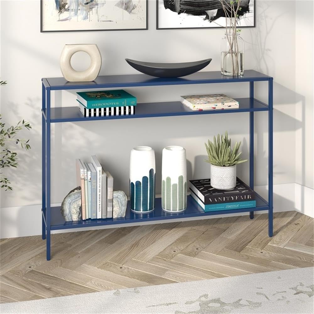 Henn&Hart 42" Wide Rectangular Console Table with Metal Shelves in Mykonos Blue, Entryway Table, Accent Table for Living Room, Hallway