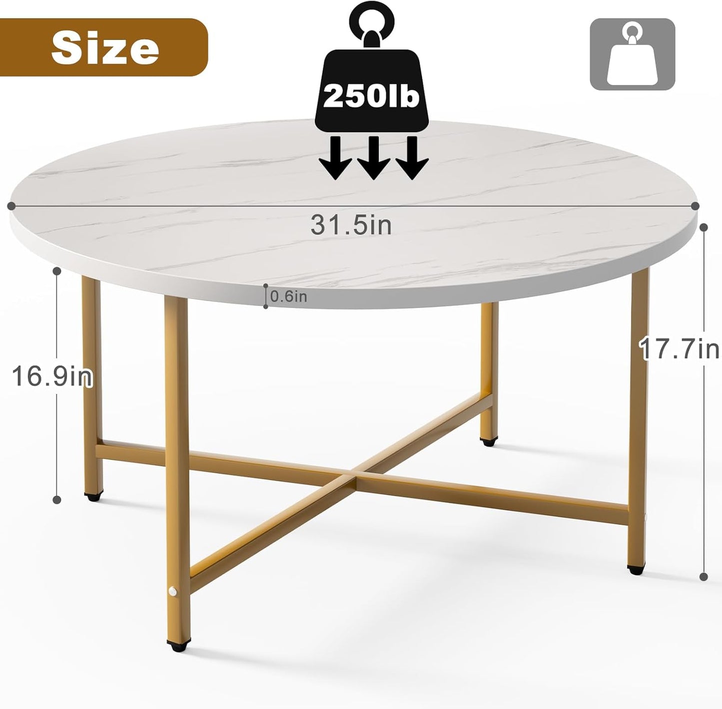 Round Coffee Table, 31.5" Circle Coffee Table, Coffee Tables Living Room, Gold Coffee Table Round for Indoor & Outdoor Use, Office, Patio or Garden, Large White & Gold (31.5" D x 17.7" H)