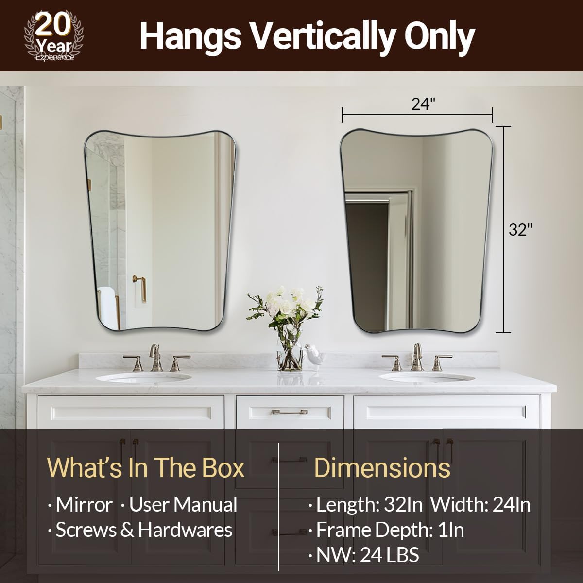 ANDY STAR Brushed Nickel Mirror, 24x32 Inch Bathroom Scalloped Mirror, Anti-Rust Stainless Steel Metal 1’’ Frame, Unique Frame Design Ideal for Bathroom, Entryway, Powder Room