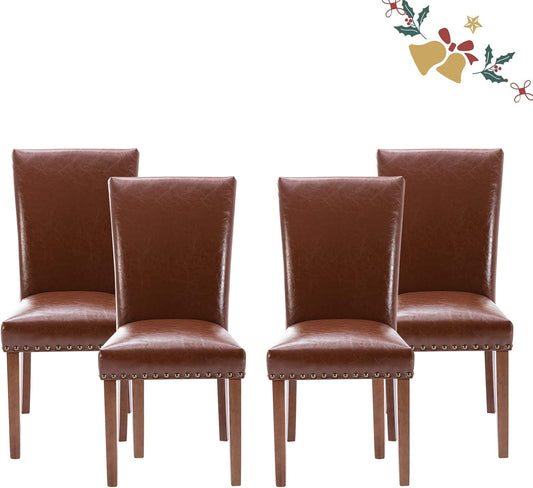 Parsons Dining Chairs Set of 4, Upholstered Nailhead PU Leather Dining Room Kitchen Side Chair with Thick Cushions and Wood Legs, Light Brown