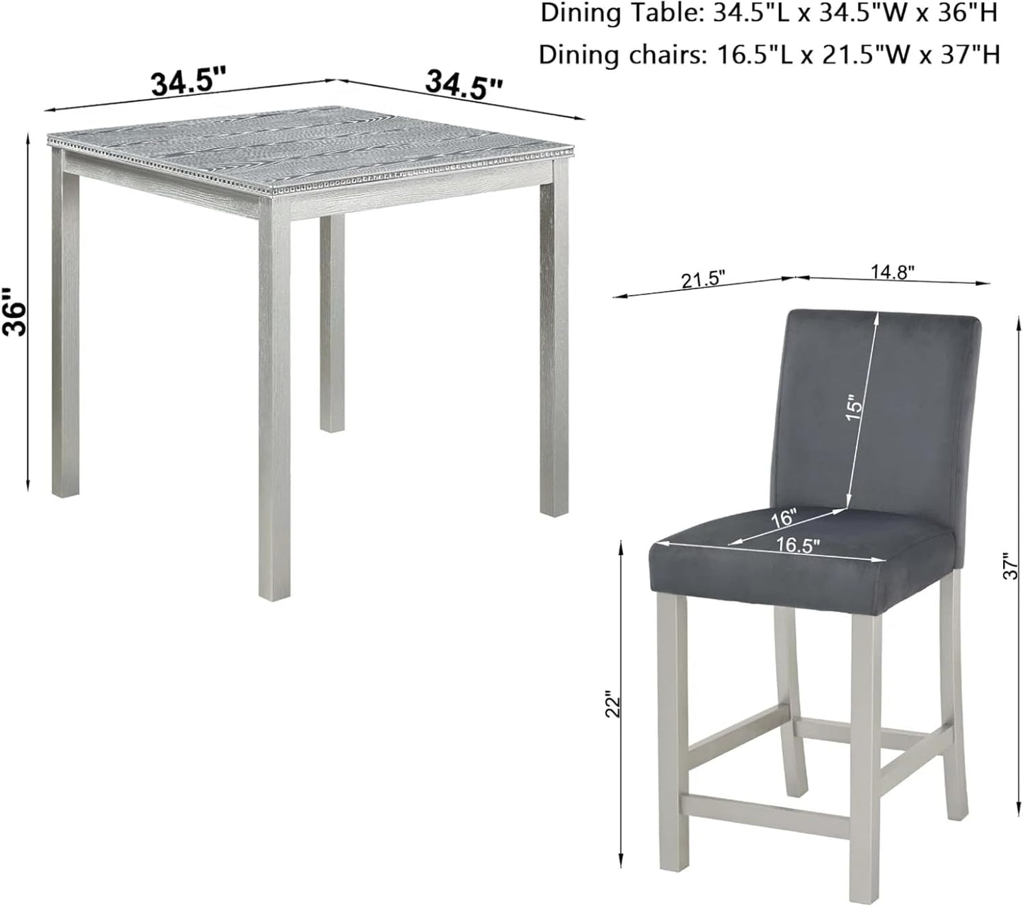 Dining Table Set for 4, 5-Piece Dining Room Table Set with Square Crystal Decoration Table & 4 Upholstered Backrest Chairs, Counter Height Kitchen Sets with Wood Grain & Footrest, Grey