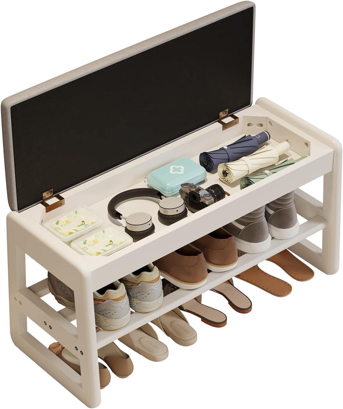 Shoe Rack Bench with Cushion,2 Tiers Shoe Bench with Flip-Top Storage,Wood Shoe Rack for Entryway,Hallway（White,31.5"）