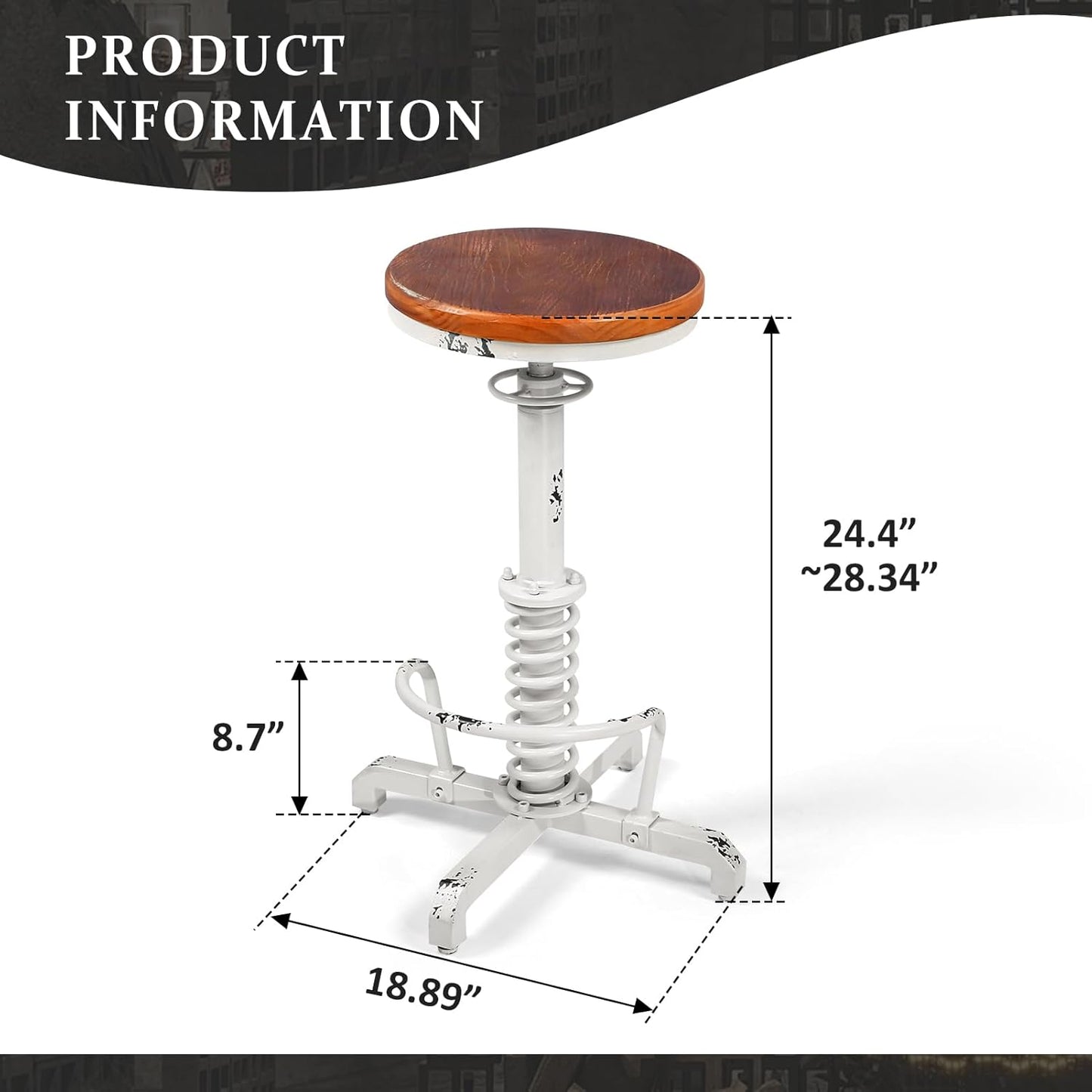 American Antique Steampunk Bar Stool 24.41"-28.35" Vintage Industrial Adjustable Swivel Backless Counter Stool for Home, Dining, Breakfast, Pub, (Heavy Duty Metal & Wood, Aged White, Brown Top)