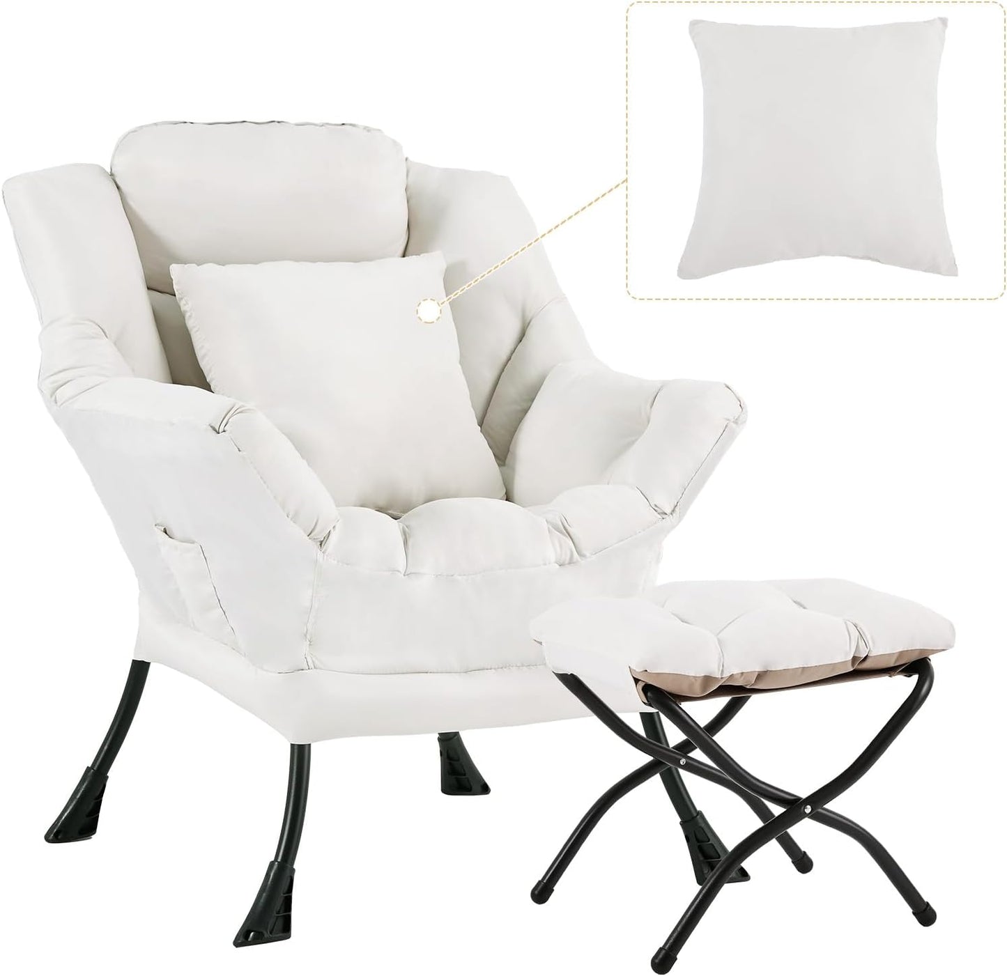 Lazy Chair with Ottoman, Comfy Reading Lounge Chair with Footstool & Throw Pillow Modern with Armrests & Side Pocket for Living Room, Bedroom, Dorm Room, Beige