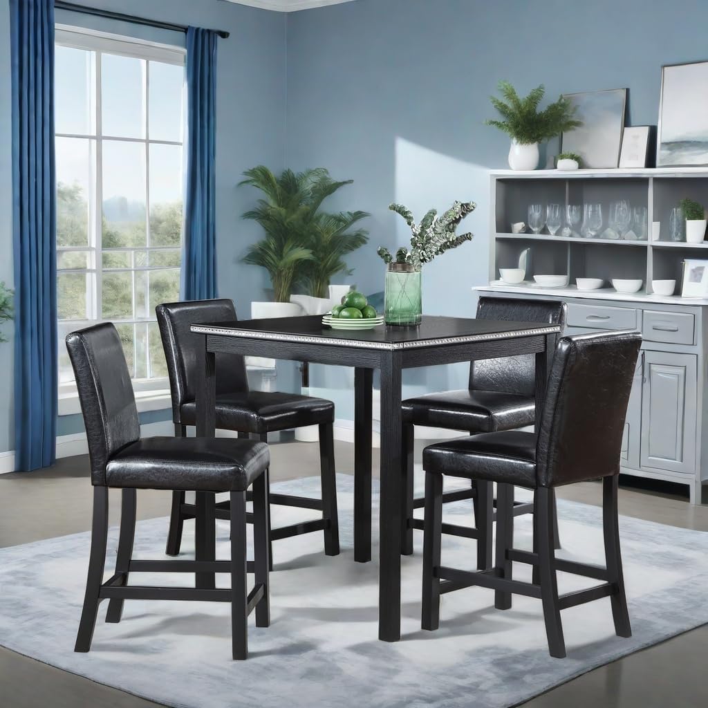 Counter Height Square Dining Table Set with 4 Upholstered Chairs - Easy to Assemble, Black