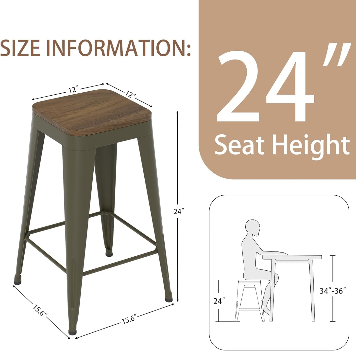 24 inch Backless Bar Stools Set of 4, Indoor Metal Bar Stools with Wood Seat, Industrial Counter Height Barstools for Kitchen Island, Rusty