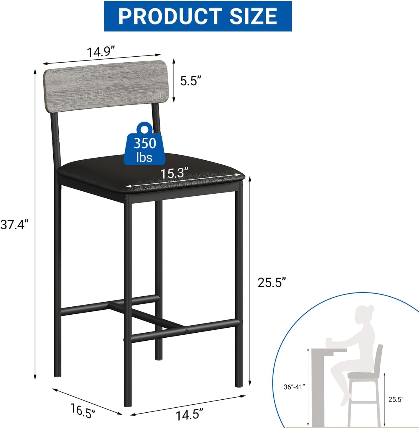 GarveeHome Bar Stools Set of 2, Upholstered Height Bar Stools with Backrest and Footrest, Kitchen Barstools for Island,Counter Bar, Easy Assembly, Rustic Gray