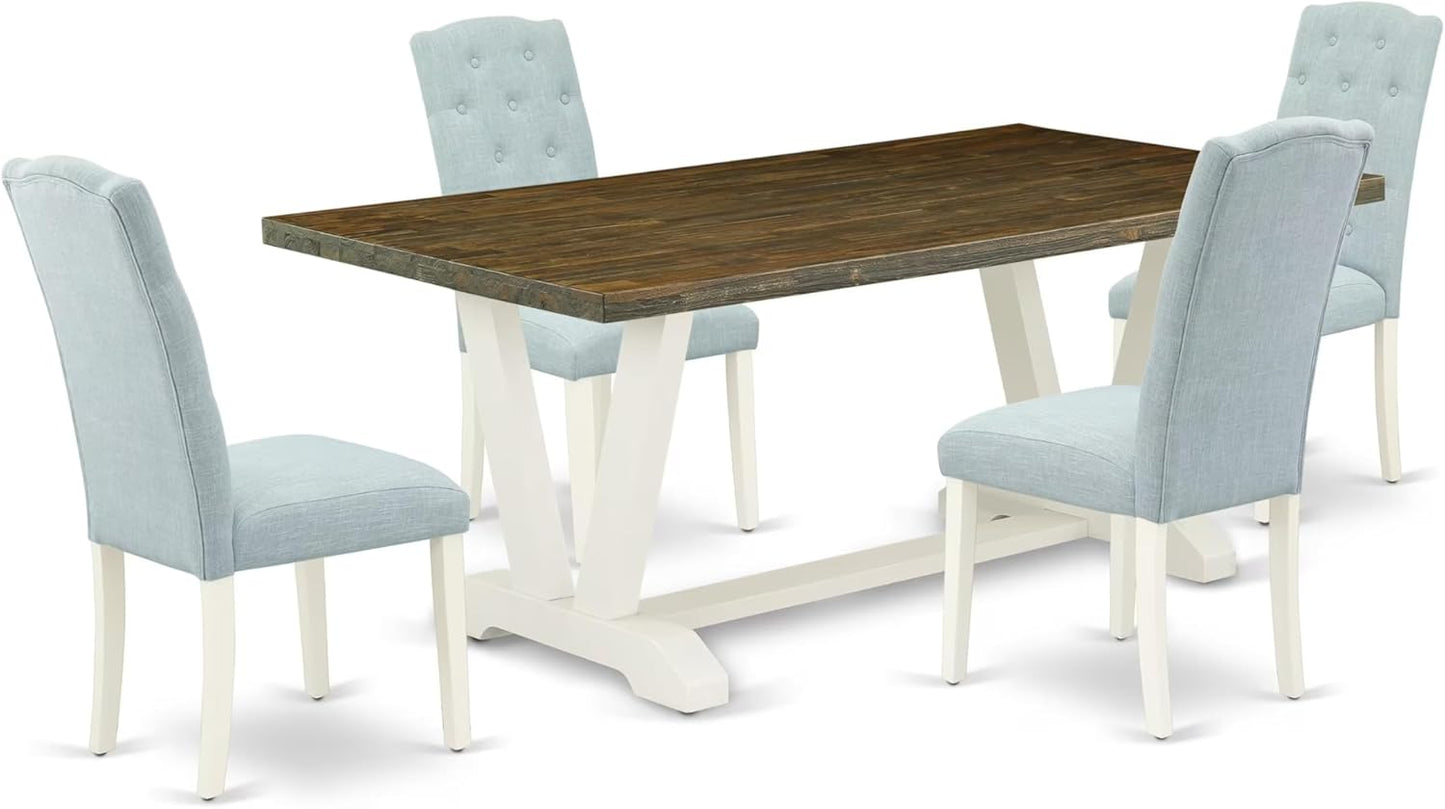 East West Furniture V077CE215-5 5 Piece Modern Dining Table Set Includes a Rectangle Wooden Table with V-Legs and 4 Baby Blue Linen Fabric Upholstered Chairs, 40x72 Inch, Multi-Color