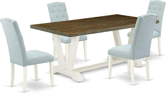 East West Furniture V077CE215-5 5 Piece Modern Dining Table Set Includes a Rectangle Wooden Table with V-Legs and 4 Baby Blue Linen Fabric Upholstered Chairs, 40x72 Inch, Multi-Color