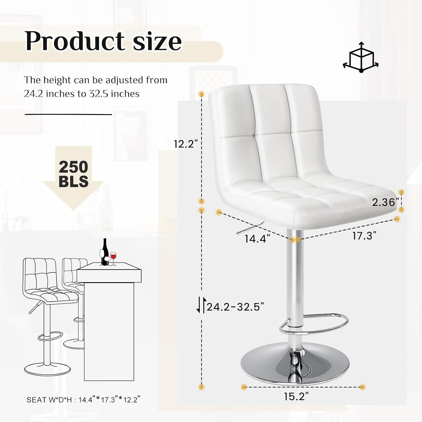 DUMOS Bar Stools Set of 4, 24 inch Counter Height Bar Stools, Upholstered Modern Kitchen Barstools with Metal Base, PU Leather Saddle Stools for Kitchen Island, White